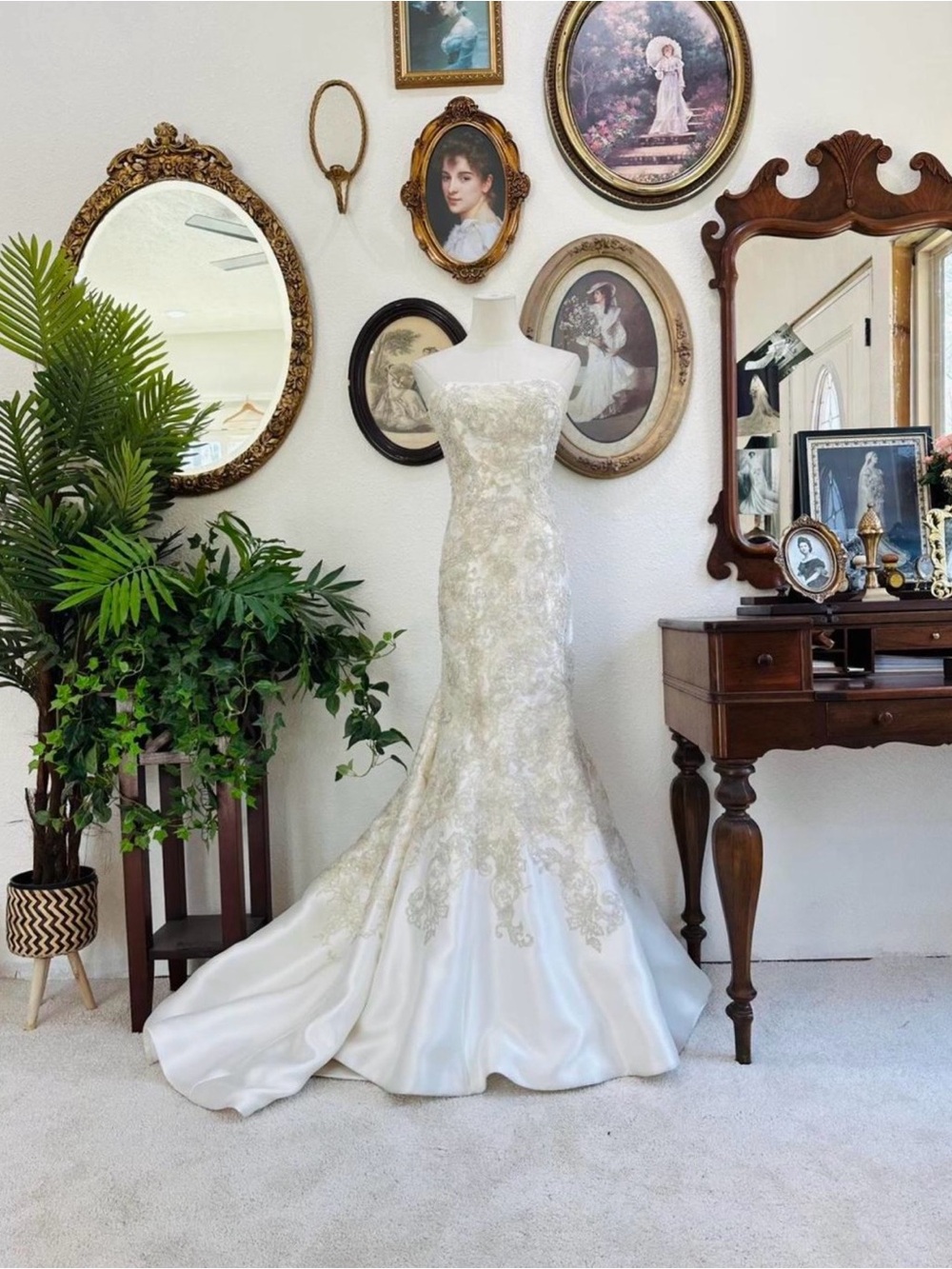 Oleg Cassini Ivory and Gold Strapless Lace Mermaid Wedding Gown